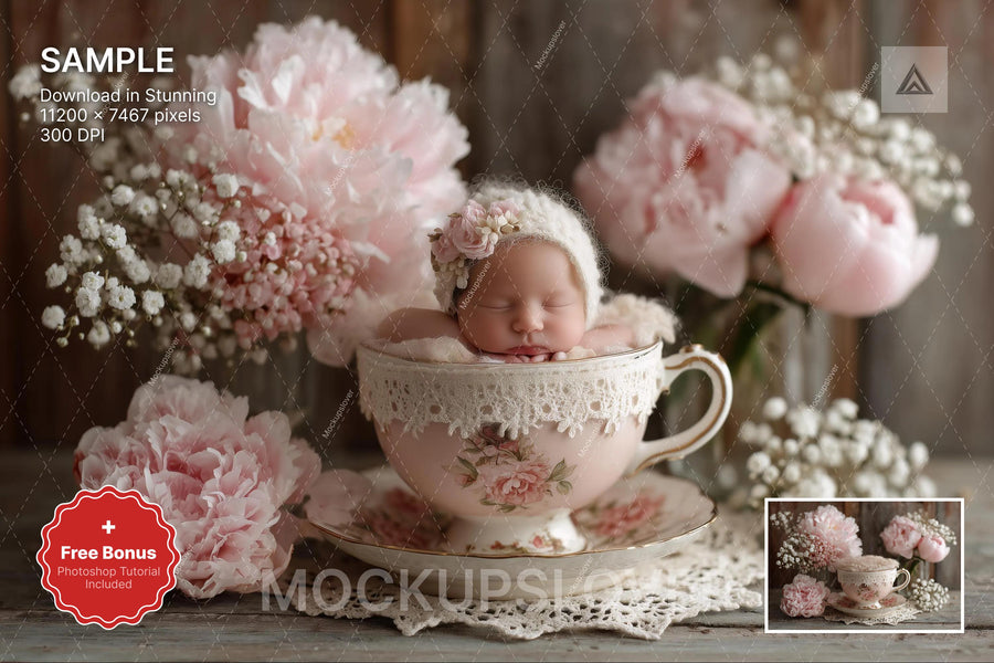 baby girl in pink princess dress on floral backdrop, perfect for newborn photo shoots