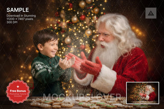 christmas bakery scene with santa claus, cookies, and farmhouse kitchen background