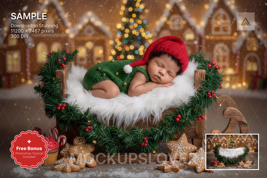 newborn photo with baby in wood bed surrounded by christmas village and holiday cookies