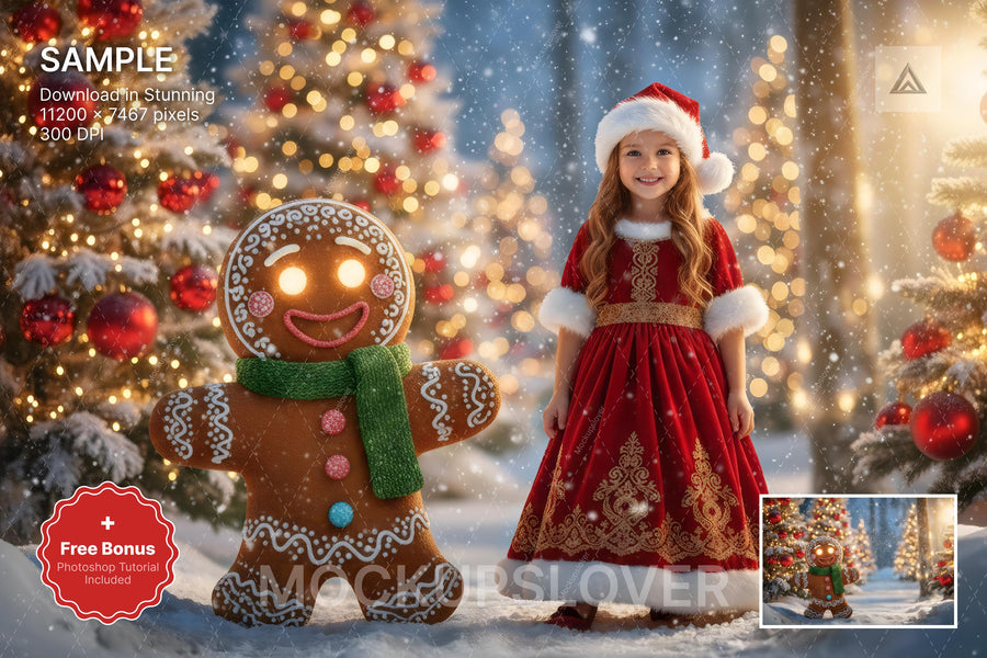scene with gingerbread cookies in a winter fantasy forest backdrop for kids photography