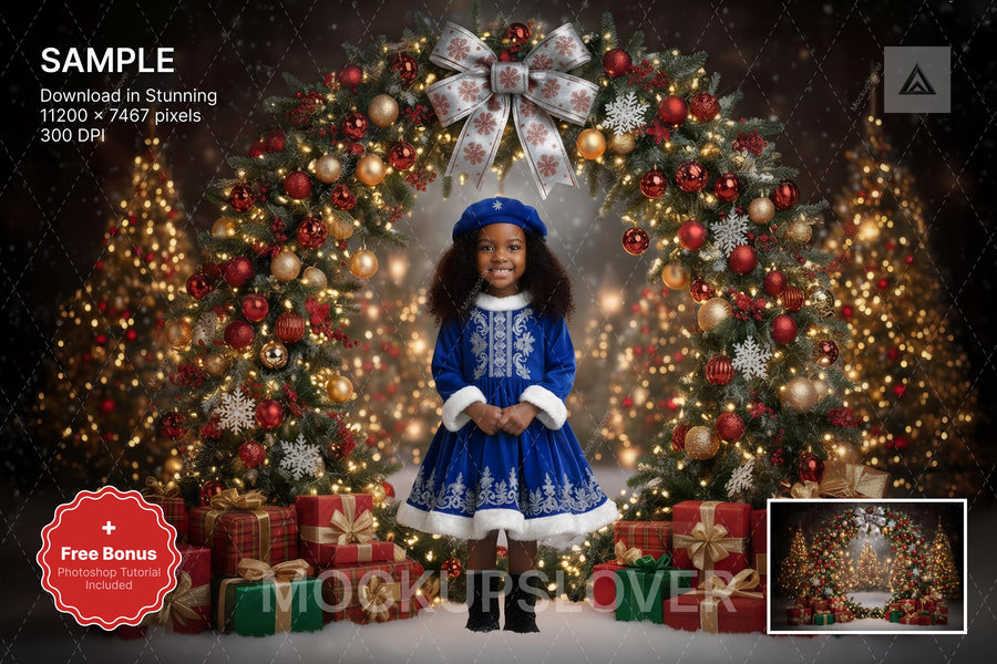 christmas arch decorated with trees and gifts for winter wonderland photo