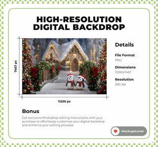 Christmas Village Bridge Digital Backdrop, Penguins, House, Winter Wonderland Photo Background, Holiday Kids Prop, Photoshop/Canva Template