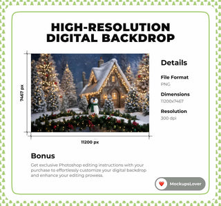 Christmas Village Digital Backdrop, Bridge, Penguin, Winter Wonderland Photo Background, Holiday Kids Prop, Photoshop & Canva Template