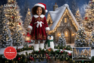 christmas village scene with bridge, penguin, winter backdrop, holiday kids prop