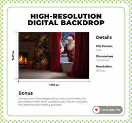Christmas House Digital Backdrop, Santa Claus, Window, Winter Wonderland, Photo Background, Holiday Kids Prop, Photoshop & Canva Template