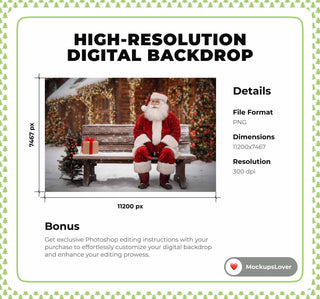 Country Christmas Digital Backdrop, Santa Claus, Wood Bench, Winter Wonderland Photo Background, Holiday Kids Prop, Photoshop/Canva Template