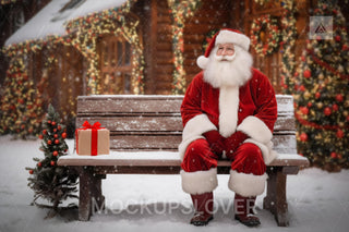 Country Christmas Digital Backdrop, Santa Claus, Wood Bench, Winter Wonderland Photo Background, Holiday Kids Prop, Photoshop/Canva Template