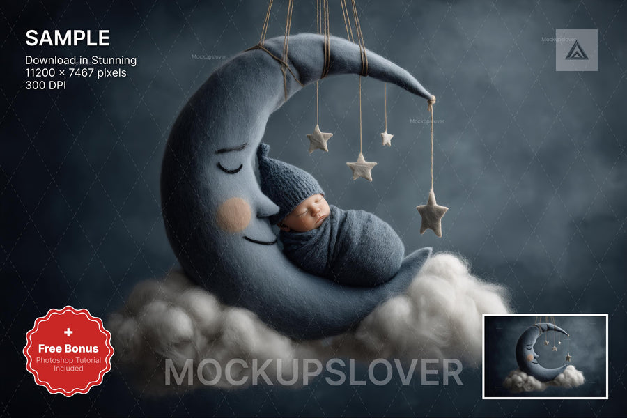 newborn girl or boy with dreamy night sky background, crescent moon, clouds, and stars, ideal for photography