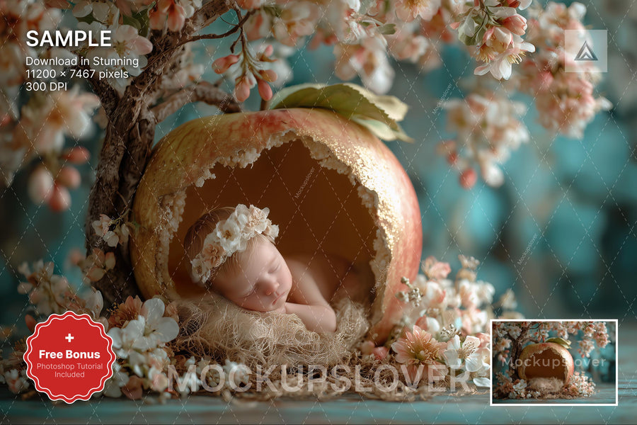 woodland baby scene with apple tree and floral backdrop, ideal for newborn photography