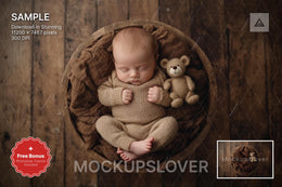 baby in rustic wood bowl with teddy bear, newborn photography backdrop, studio baby prop, digital scene