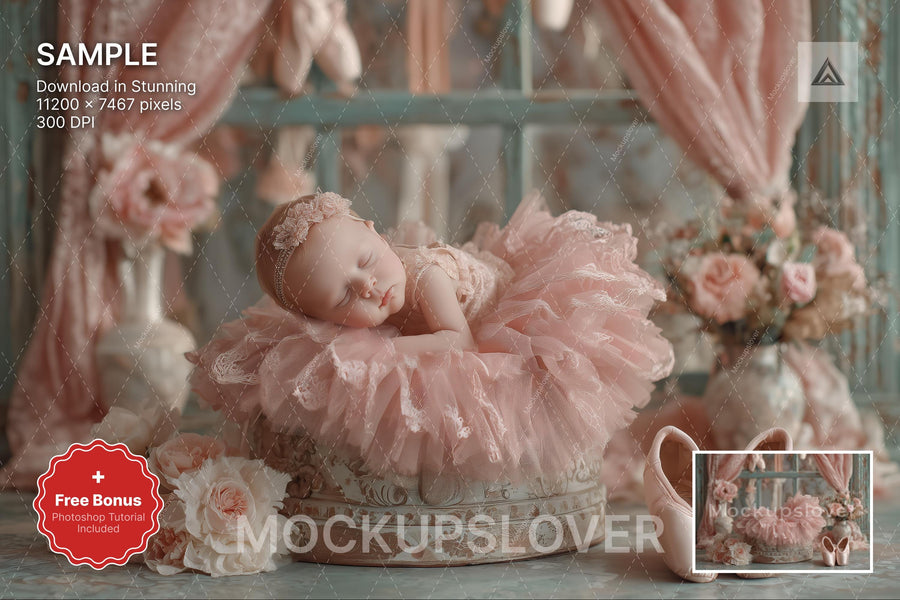 baby girl with floral princess backdrop, perfect for newborn photo sessions