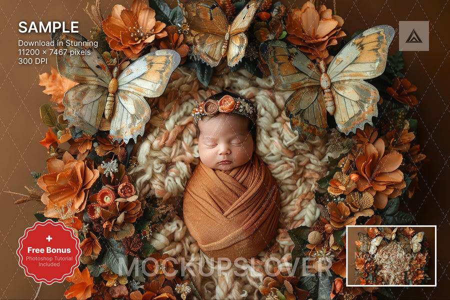 baby with floral wreath on digital backdrop, top view knit blanket, perfect for newborn photos