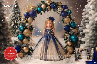 holiday kids portrait with christmas arch digital backdrop in winter wonderland studio