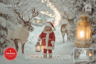 reindeer in a snowy winter wonderland backdrop with woodland creatures for a christmas photo