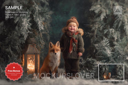 scene of a winter fantasy forest with woodland animals, red fox, lantern, ideal for holiday photo backgrounds