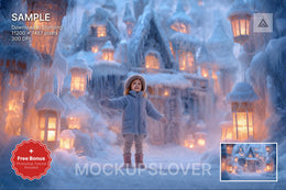 scene of a snowy winter village with lanterns and festive decorations, ideal for holiday photo shoots