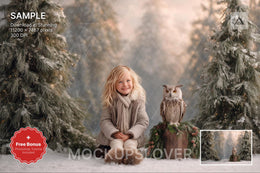 christmas woodland scene with creatures, winter backdrop, holiday photo prop, photoshop template