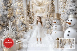 family portrait scene with winter landscape background and festive props