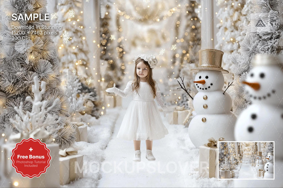family portrait scene with winter landscape background and festive props