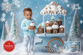 scene of christmas cookies with gingerbread house, holiday props, winter backdrop, perfect for holiday photos