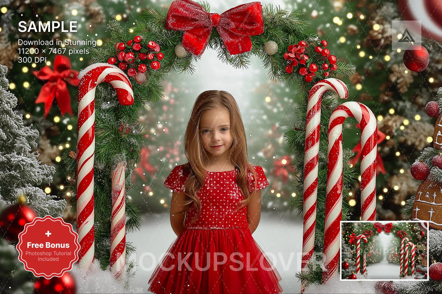 festive candy cane arch in a winter wonderland, perfect for christmas photo backdrops and holiday portraits