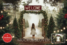 scene of a rustic christmas tree farm with forest arch, ideal for holiday photo shoots