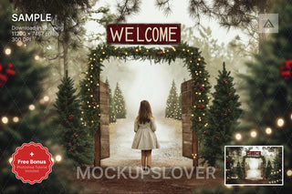 scene of a rustic christmas tree farm with forest arch, ideal for holiday photo shoots