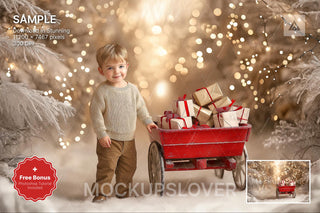 rustic christmas digital backdrop with farm cart in fantasy winter wonderland forest