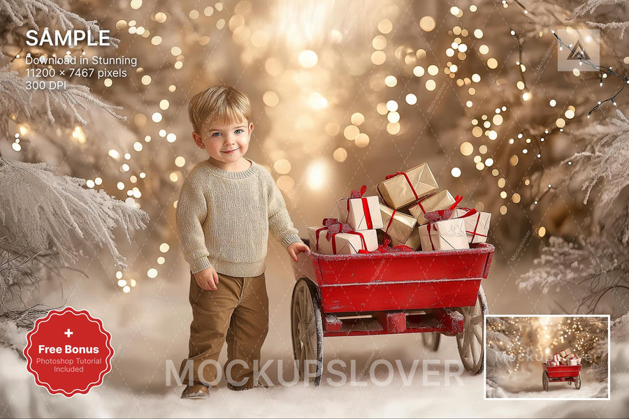 rustic christmas digital backdrop with farm cart in fantasy winter wonderland forest