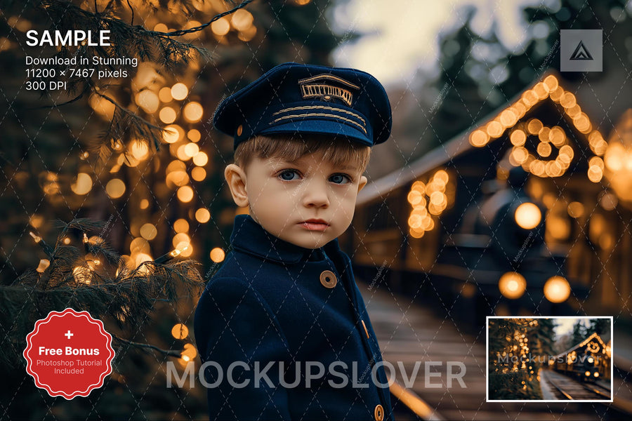 christmas train scene with polar express and winter backdrop, ideal for holiday portraits