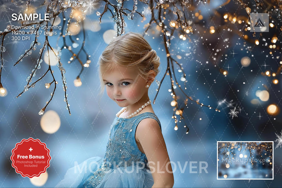 winter wonderland scene with twinkle lights and princess background, ideal for holiday photo shoots