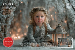 winter wonderland scene with lanterns and woodland elements, ideal for holiday photo shoots