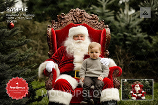 santa claus in fantasy winter forest backdrop with christmas decorations