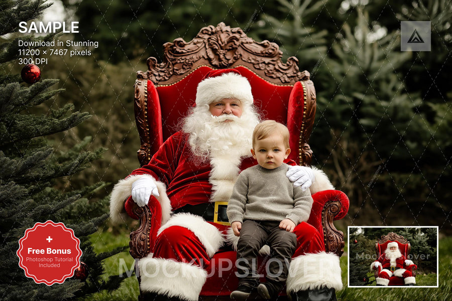 santa claus in fantasy winter forest backdrop with christmas decorations