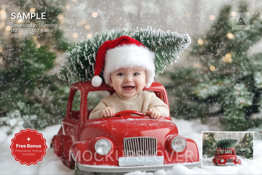 scene of a red car in a snowy winter landscape with christmas trees and forest backdrop, ideal for holiday photo shoots