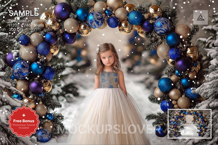 christmas scene with snowy landscape and arch backdrop, ideal for holiday portraits and winter wonderland photography