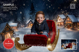 santa's sleigh scene with christmas village backdrop, ideal for holiday photography and kids' portraits