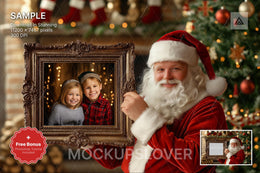 santa claus holding a photo frame on a christmas backdrop, ideal for holiday photo sessions