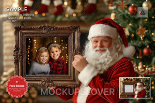 santa claus holding a photo frame on a christmas backdrop, ideal for holiday photo sessions