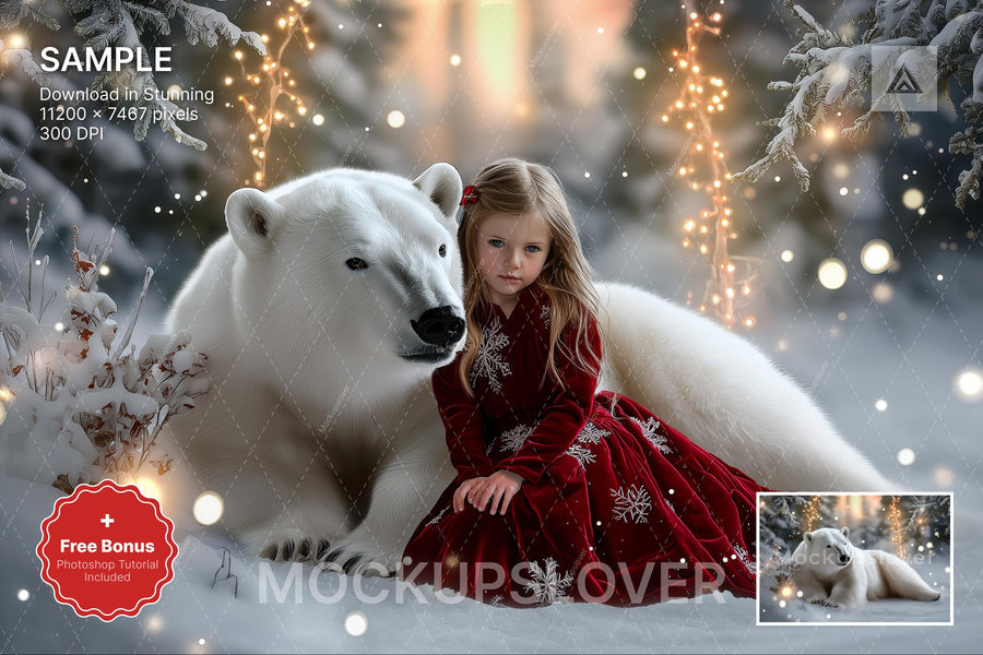 polar bear character in a fantasy winter forest scene, ideal for holiday photo shoots