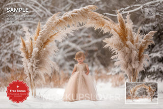 christmas boho arch digital backdrop, winter wonderland scene, holiday family portrait, photoshop template