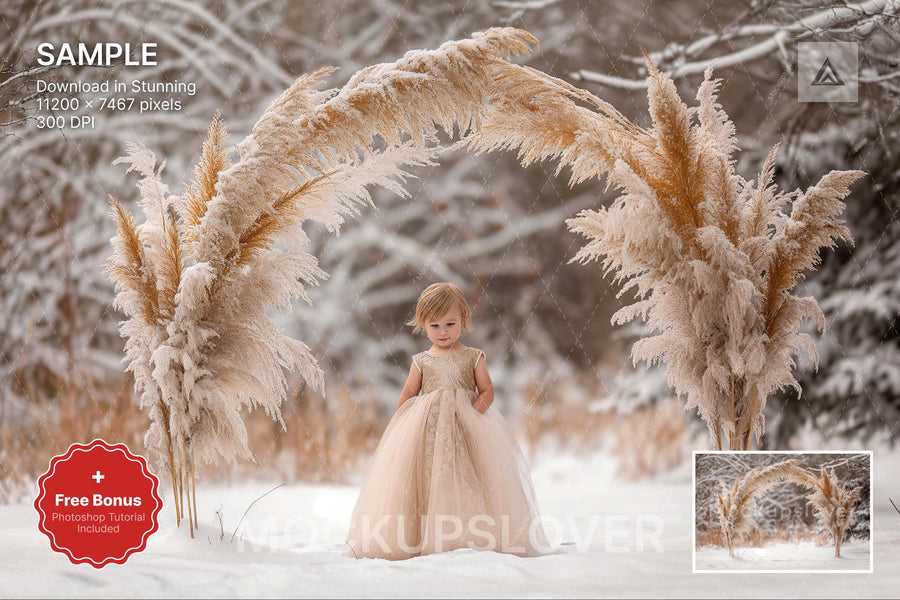 christmas boho arch digital backdrop, winter wonderland scene, holiday family portrait, photoshop template