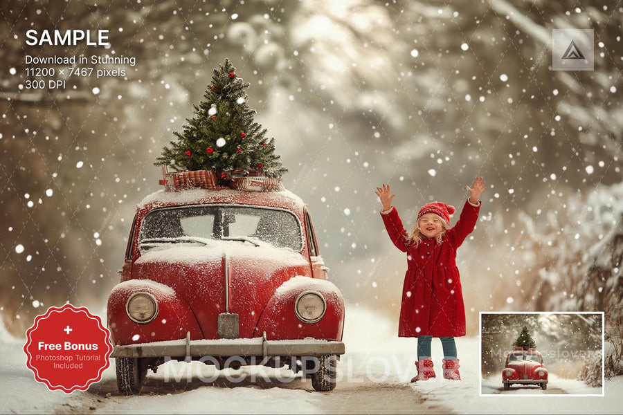 vintage red car in snowy forest with christmas tree, perfect for holiday kids photography and winter wonderland scenes