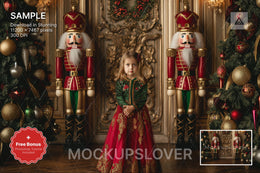 christmas nutcracker scene with festive backdrop, ideal for holiday portraits