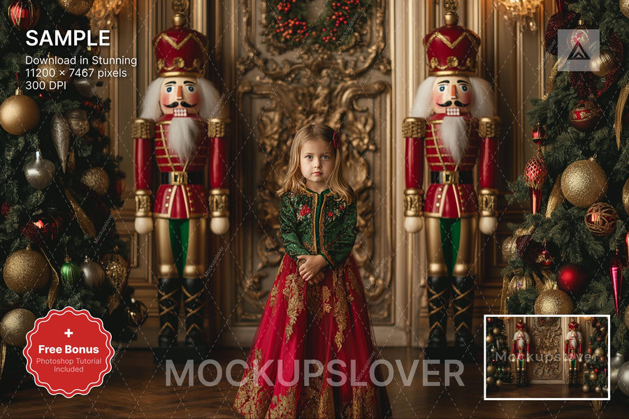christmas nutcracker scene with festive backdrop, ideal for holiday portraits