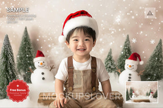 christmas snowman scene, holiday backdrop, kids portrait, winter background, festive photo prop