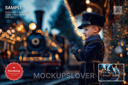 christmas train station scene with twinkling lights, ideal for holiday portraits and digital backgrounds