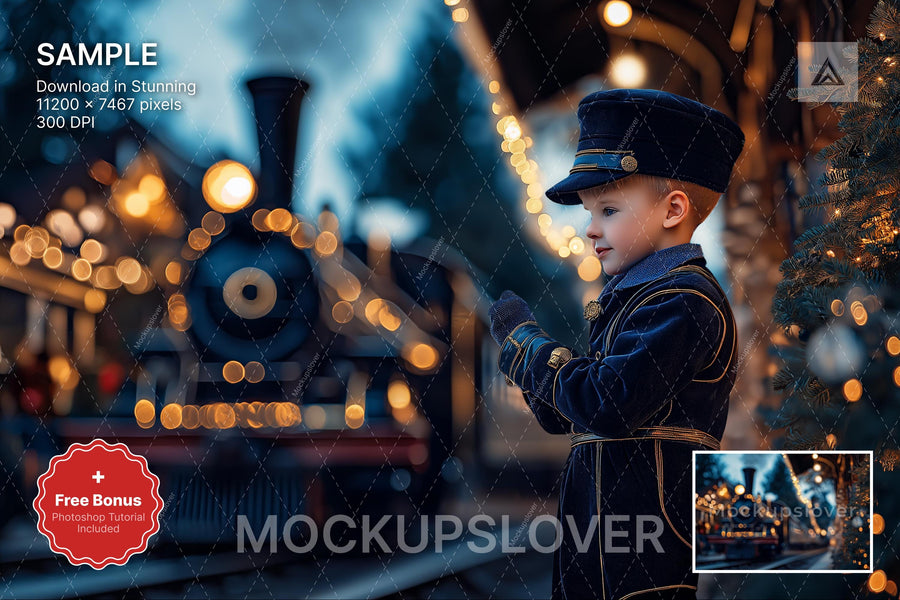christmas train station scene with twinkling lights, ideal for holiday portraits and digital backgrounds