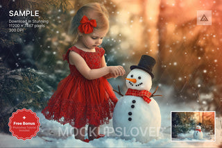 snowman with scarf and hat in winter wonderland, perfect for christmas portraits or holiday photoshop templates