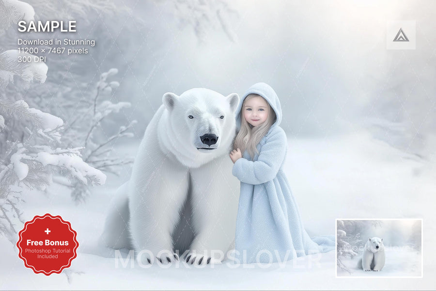 winter forest scene with polar bear and woodland creatures, ideal for holiday photo shoots